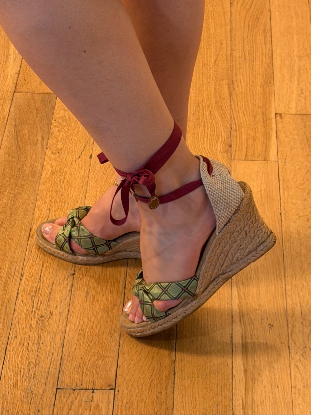 $120 J. Crew Green Patterned Braided Lace Up Espadrille Sandals with Maroon Ties